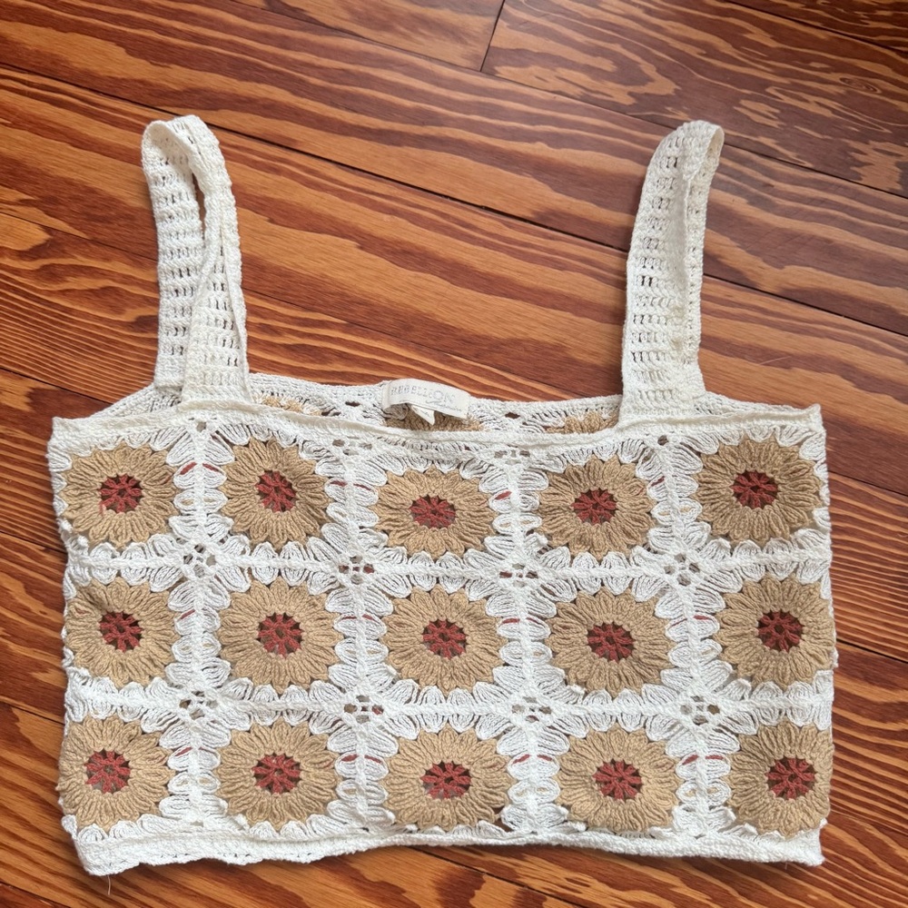 Crochet Tank Top Size M Cream and Brown